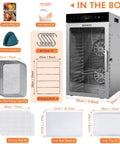 Commercial Grade Food Dehydrator With Eighteen Slick Stainless Steel Trays Dual Airflow Fans Easy Clean Glass Door accessories included.