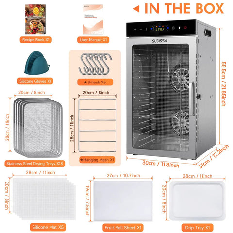 Commercial Grade Food Dehydrator With Eighteen Slick Stainless Steel Trays Dual Airflow Fans Easy Clean Glass Door accessories included.