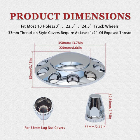 Dimensions of 33mm Chrome Front Axle Wheel Covers For Semi Trucks ABS Plastic Hub Caps shown with measurements