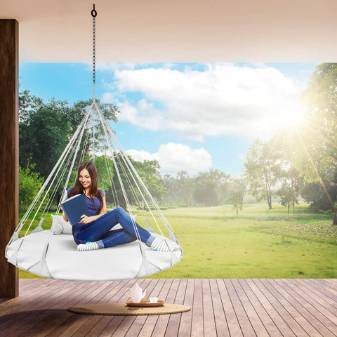 Cozy Hanging Swing Nest Daybed White Saucer Style Hammock Chair With Plush Pillow Premium Cotton Double Hammock Outdoors