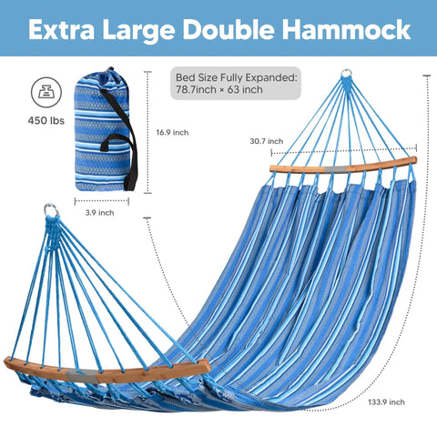 Double Hammock With Curved Spreader Bar For Outdoor Hangouts In Patio Backyard Balcony Portable With Carrying Bag And Tree Straps Supports Up To 450lbs Blue Ideal For Indoor Bedroom Or Outdoor Patio Lounging And Travel Ready product with dimensions and included bag.