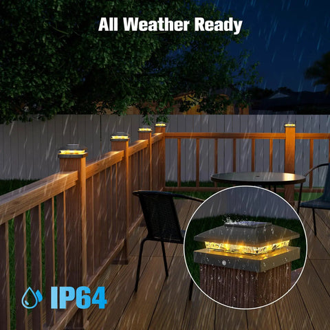 Give Your Yard A Sweet Glow With These Tough Black Solar Post Cap Lights For 4X4 Fence Boards Weatherproof Dusk Till Dawn Outdoor Deck Lamps Zero Wires Hook And Go on a rainy deck.