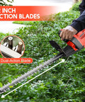 Person using 22 Inch Cordless Hedge Trimmer With Double-Action Blade, 24V Battery-Powered Yard Pruner on green shrubs