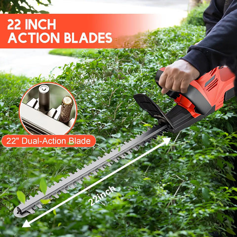 Person using 22 Inch Cordless Hedge Trimmer With Double-Action Blade, 24V Battery-Powered Yard Pruner on green shrubs