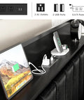 Chic Twin Platform Bed Frame With Upholstered Storage Headboard And Built In Charging Hub Heavy Duty Metal Slats No Box Spring Needed Straight Up Noise Free No Sweat Setup Pure Black showing AC outlets and USB ports on headboard.