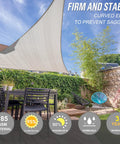 Gray Equilateral Shade Sail 32 Ft By 32 Ft By 32 Ft Dope Patio Backyard Outdoor Canopy with table and chairs underneath.