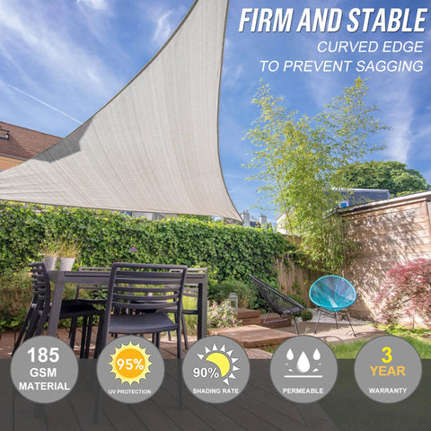 Gray Equilateral Shade Sail 32 Ft By 32 Ft By 32 Ft Dope Patio Backyard Outdoor Canopy with table and chairs underneath.