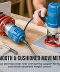 Adjustable Insert Plate Router Lift With Double Stainless Steel Support Rods For 64 To 66 Millimeter Trimming Machine Aluminum Under Table Base Hella Durable Badass Precision Woodworking Upgrade In Vibrant Red in use with spring rods.