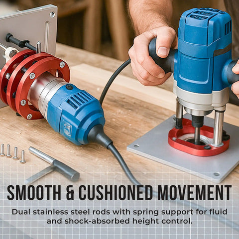Adjustable Insert Plate Router Lift With Double Stainless Steel Support Rods For 64 To 66 Millimeter Trimming Machine Aluminum Under Table Base Hella Durable Badass Precision Woodworking Upgrade In Vibrant Red in use with spring rods.
