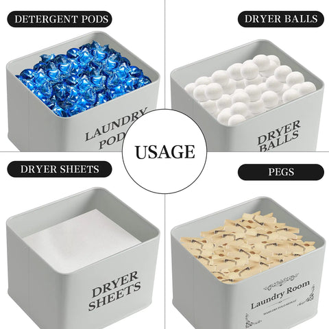 Farmhouse Laundry Organizer And Storage Box With Bamboo Lid Dryer Sheet Holder Laundry Room Essentials showcasing usage for detergent pods, dryer balls, sheets, and pegs.