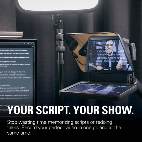 Top Shelf Teleprompter With Bright Built In Screen For Dead Simple Script Reading And Stream Chat Tracking featuring live view setup.