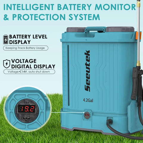 Battery Powered Backpack Sprayer Four Point Two Gallon For The Yard With 0 To 100 PSI Adjustable Spray and digital displays
