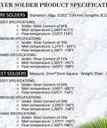 Silver Jewelry Solder Chips And Wires Kit 330 Pieces specification chart detailing dimensions and melting points.