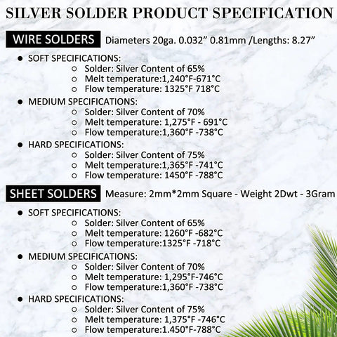 Silver Jewelry Solder Chips And Wires Kit 330 Pieces specification chart detailing dimensions and melting points.