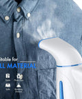 Portable Clothes Steamer For Wrinkle Removal Easy To Use Handheld Travel Steam Iron 700W Power in use on a denim shirt.