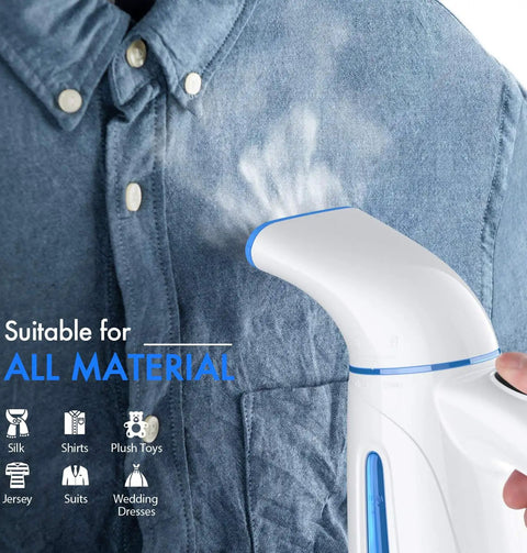 Portable Clothes Steamer For Wrinkle Removal Easy To Use Handheld Travel Steam Iron 700W Power in use on a denim shirt.