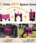 Collapsible compact pink wagon cart in use and folded. All In One Portable Collapsible Wagon Cart With Removable Side Lightweight Foldable Utility Groceries Wagon For Dogs Cats Camping Beach Shopping Sports Gardening Fishing Pink.