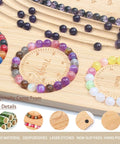 Close-up of bamboo beading board for jewelry making with grooves for necklaces and bracelets, showing beads in grooves.