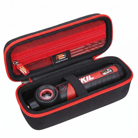 Rock Solid Eva Hard Shell Carry Case For 4v Pivoting Head Screwdriver portable travel storage box with red accents and mesh pocket.