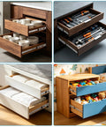 18 Inch Soft Close Drawer Slides Featuring Adjustable Tension Side Mount Full Extension Runners Built Tough For Smooth Cabinet Setup And No Sweat Gliding Action 5 Pair Set with open drawers holding plates and tools.