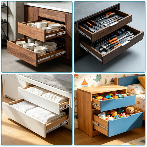 18 Inch Soft Close Drawer Slides Featuring Adjustable Tension Side Mount Full Extension Runners Built Tough For Smooth Cabinet Setup And No Sweat Gliding Action 5 Pair Set with open drawers holding plates and tools.