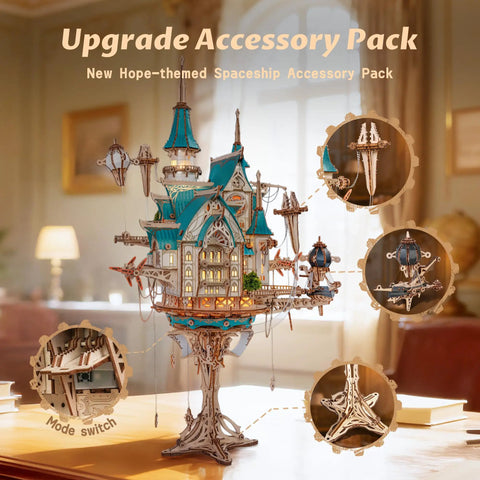 3D Wooden Puzzle Steam Castle Model With Floating Baroque Design For Steampunk Lovers, DIY Building Kit With Creative Lighting, Fantasy Castle Display For Collectors And Fantasy Fans, blue roof detail