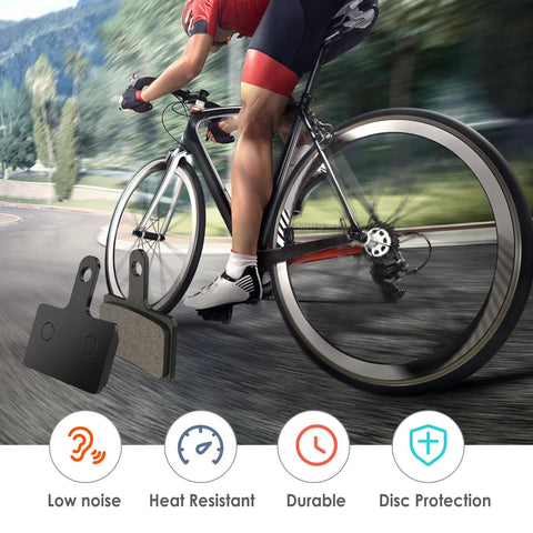 Cyclist on road bike with overlay of 4 Pairs Disc Brake Pads Set For TRP Tektro Compatible Bikes Resin Semi Metallic Replacement Pads