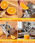 Nisuez Heavy Duty Manual Fruit Juicer Press For Lemons Limes Oranges showing juice extraction steps with aluminum design and orange slices.