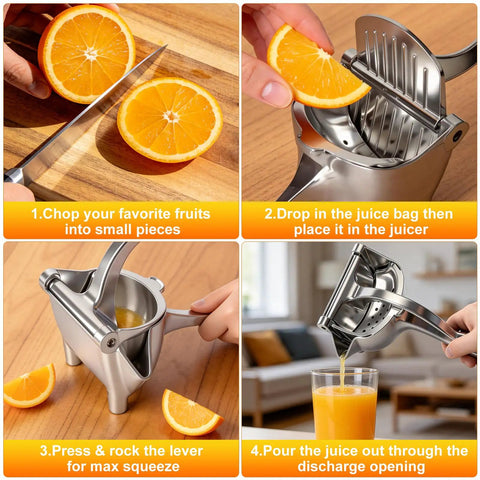 Nisuez Heavy Duty Manual Fruit Juicer Press For Lemons Limes Oranges showing juice extraction steps with aluminum design and orange slices.