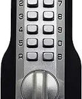 Keyless Push Button Door Lock M210 Mechanical Deadbolt With Dual Code Access, shown in satin nickel finish.