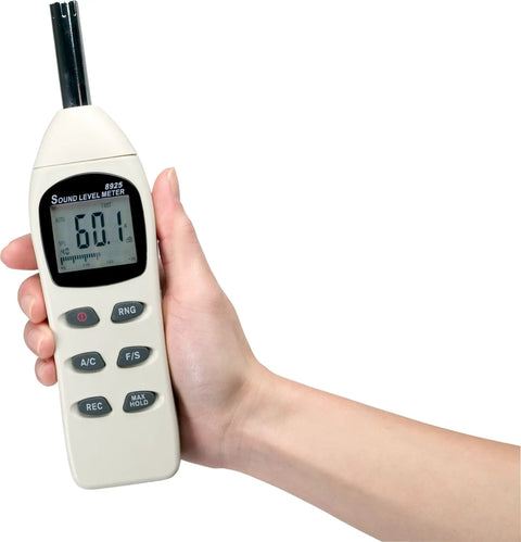 Hand holding Must Have Pro Grade Digital Sound Level Meter For Worksites And Audio Installations 40 To 130 dB Range With 2 dB Accuracy