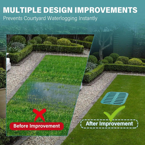 Before and after comparison showing lawn with and without 15.75 Inch Square Catch Basin With Grate And Debris Basket No Pre Cut Openings Outdoor Drain Box For Downspout Runoff Lawn Patio And Landscape Drainage Solution, preventing waterlogging.
