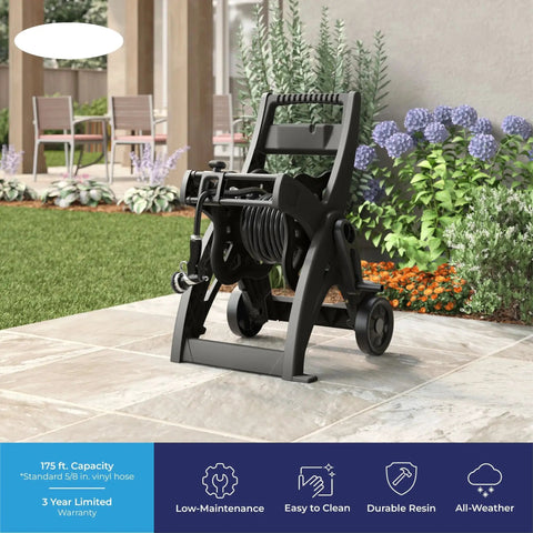 175 Foot Hose Reel Cart With Rolling Wheels Durable Metal Frame No Fuss Transport And Storage For Outdoor Watering Garden Hose Organizer For Big Yards Today on patio with garden view.