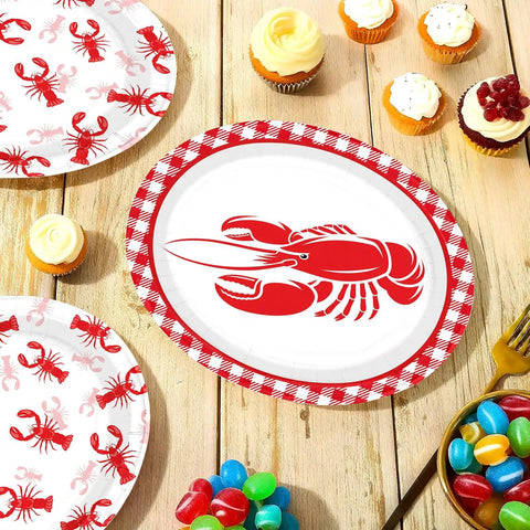 Rad Lobster Themed Oval Paper Plates 12 By 10 Inch 50 Pack Disposable Seafood Boil Dishes on a wooden table with desserts.
