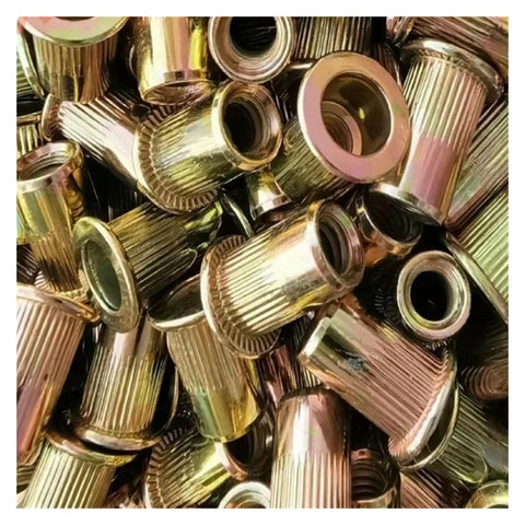 Top Notch Flat Head Rivet Nuts M3 To M12 Zinc Plated Steel With Knurled Grip For Heavy Duty Fastening 10-50 Pcs Assorted Sizes Set in a pile.