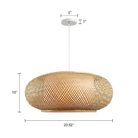 Vintage Bamboo Woven Pendant Light With Birdcage Shade, cozy rustic farmhouse chandelier, beige 23.62 inch wide wicker fixture