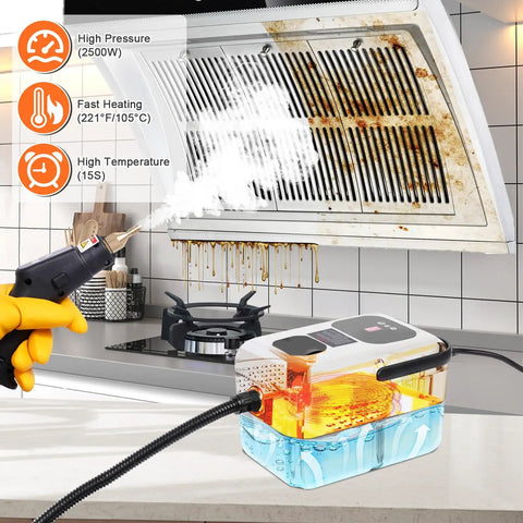 Top Tier 15 In 1 Handheld Steam Cleaner With Smooth Button Control Handle and Easy Gear Switching for Deep Home and Car Upholstery Cleaning Portable High Pressure Steamer shown cleaning greasy oven hood.