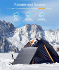 Premium 50 Watt Solar Panel Featuring Advanced N Type Cells And A Solid 25% Conversion Rate Built For Off Grid Rv Campers And Portable Power Banks That Give Your Gear Heavy Duty Juice Daily mounted beside a tent in snowy mountains.