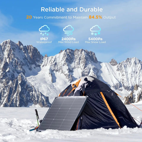Premium 50 Watt Solar Panel Featuring Advanced N Type Cells And A Solid 25% Conversion Rate Built For Off Grid Rv Campers And Portable Power Banks That Give Your Gear Heavy Duty Juice Daily mounted beside a tent in snowy mountains.