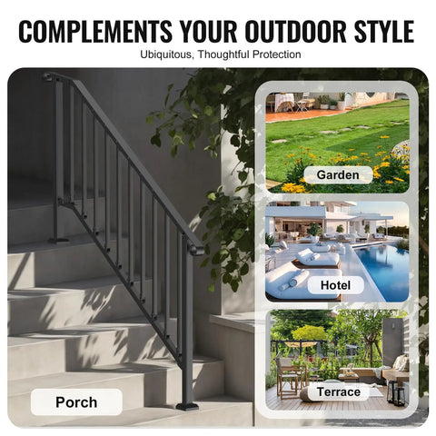 Outdoor 5 Step Stair Hand Rail Kit in Black with Installation Kit for Concrete Steps, Porch and Deck, Safe for Seniors and Kids