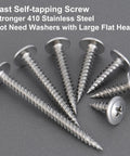 Rock Solid 150 Piece Set Of Heavy Duty Eight By One Inch Phillips Truss Head Stainless Steel Self Tapping Fasteners For Hella Tough Wood And Metal Jobs That Deliver Kickass Performance Every Single Time, stainless steel self-tapping screws with large flat heads.
