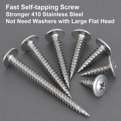 Rock Solid 150 Piece Set Of Heavy Duty Eight By One Inch Phillips Truss Head Stainless Steel Self Tapping Fasteners For Hella Tough Wood And Metal Jobs That Deliver Kickass Performance Every Single Time, stainless steel self-tapping screws with large flat heads.