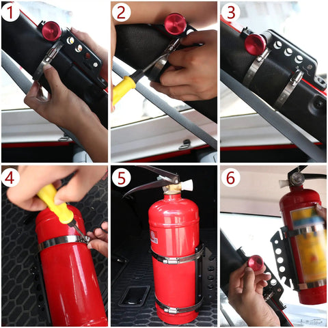 Installing Adjustable Roll Bar Fire Extinguisher Mount Holder for Jeep Wrangler TJ JK JL JKU with quick release in six steps.