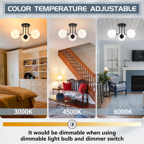 Three Light Mid Century Matte Black Semi Flush Ceiling Light With Opal Milk Glass Globes, 3000K to 6000K color temperature settings