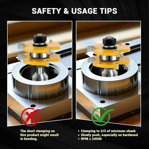Safety tips for 2 Pack Tongue And Groove Router Bit Set 1/4 Inch Shank, 3 Tooth T Style Bits for 3/4 Inch Stock, image showing correct clamping.