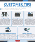 Infographic featuring customer tips for maintaining 85 Gallon Outdoor Storage Box Resin Deck Box Waterproof UV Resistant With Reinforced Stability For Patio Garden And Poolside Striped Black Built To Last Storage For Cushions Toys And Tools.