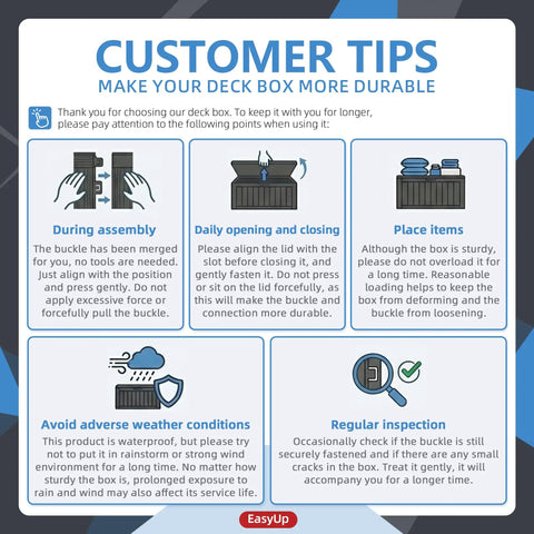 Infographic featuring customer tips for maintaining 85 Gallon Outdoor Storage Box Resin Deck Box Waterproof UV Resistant With Reinforced Stability For Patio Garden And Poolside Striped Black Built To Last Storage For Cushions Toys And Tools.