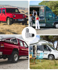 Collage with vehicles including a red SUV, green van, red truck, and white RV around copper flow-through valve caps for tires