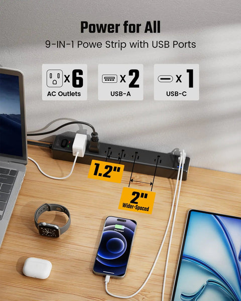 Must-Have Dope Fireproof Surge Protector Power Strip With Mountable Design 5 AC Outlets And 3 Smart USB Ports Fast Charging Auto Adjust 2.4A Per Port Hook And Loop Strap For Home Office Travel Brown on desk with connected devices