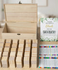 Baby Shower Games Sign Kit With 60 Wooden Blocks And 36 Colored Markers, Includes A Wooden Storage Box, Perfect For Decor, Guest Activities, And Fun Gift Ideas. Open wooden box with 60 pine blocks, 36 markers, and baby sign card